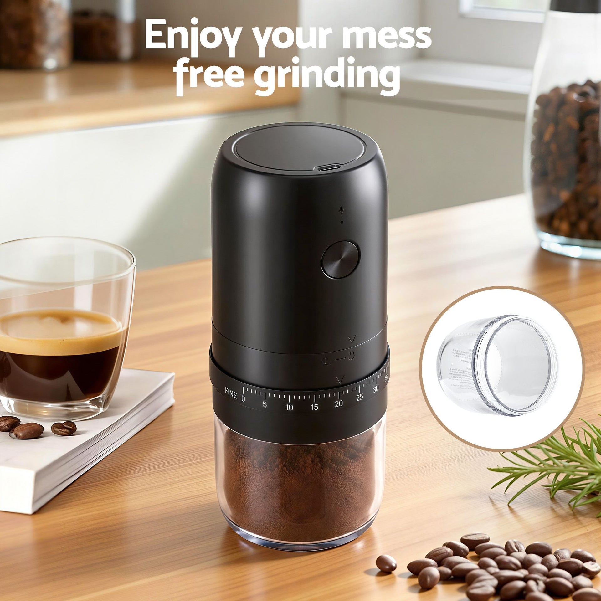 Devanti Electric Coffee Grinder USB-C Rechargeable Portable Coffee Bean Grinder with 40 Precise Grind Settings | Automatic Spice Nut Pepper Grinder Mill with Cleaning Brush & Ground Coffee Container for Home Office Camping Travel, Black Awezingly