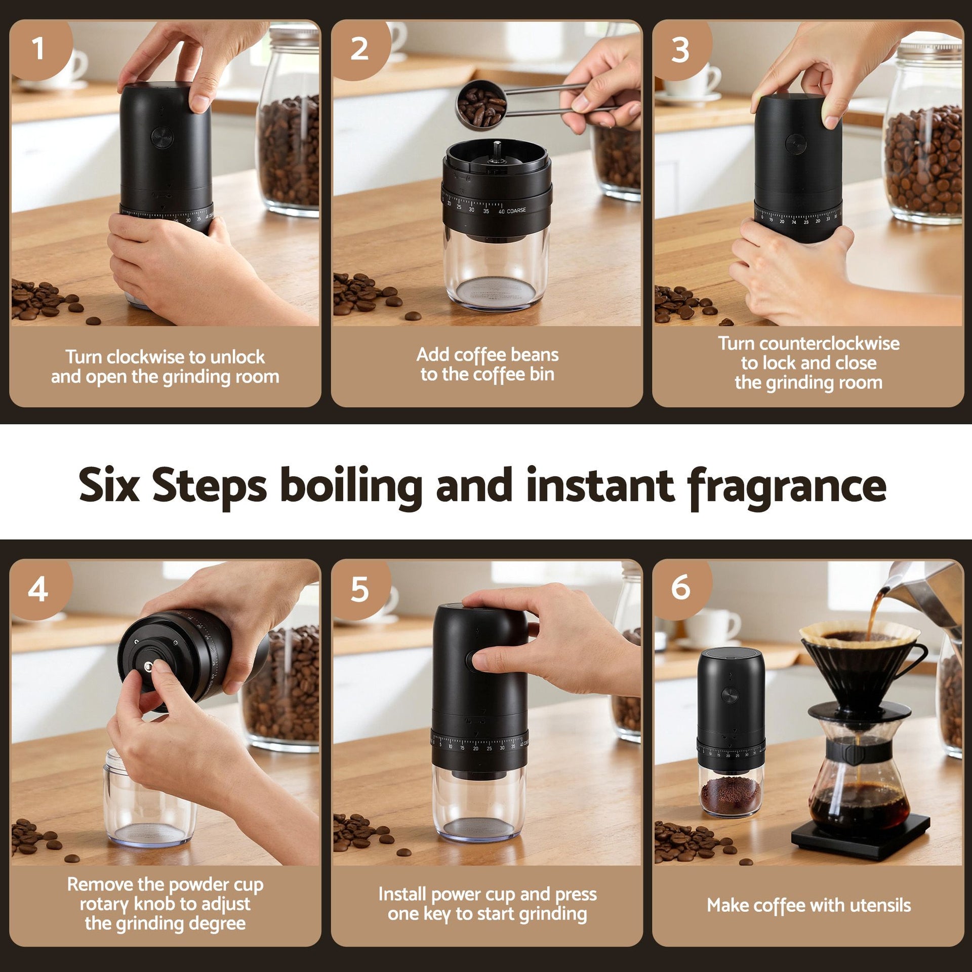 Devanti Electric Coffee Grinder USB-C Rechargeable Portable Coffee Bean Grinder with 40 Precise Grind Settings | Automatic Spice Nut Pepper Grinder Mill with Cleaning Brush & Ground Coffee Container for Home Office Camping Travel, Black Awezingly