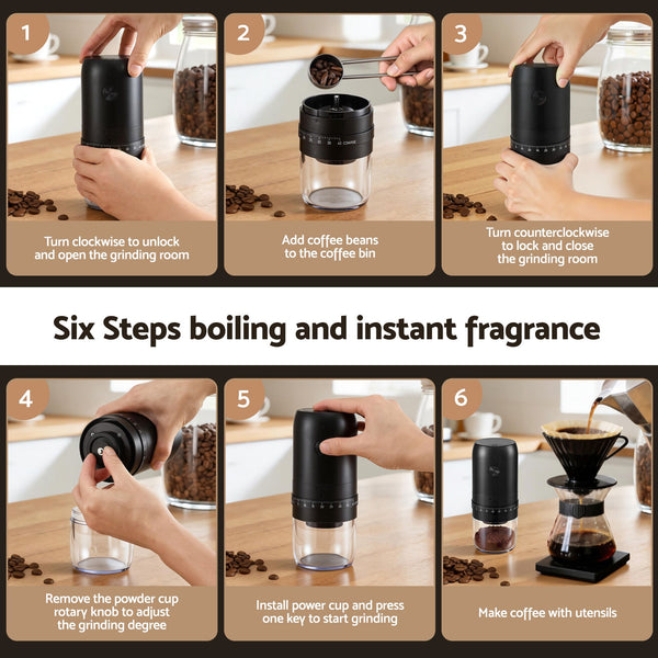 Devanti Electric Coffee Grinder USB-C Rechargeable Portable Coffee Bean Grinder with 40 Precise Grind Settings | Automatic Spice Nut Pepper Grinder Mill with Cleaning Brush & Ground Coffee Container for Home Office Camping Travel, Black Awezingly
