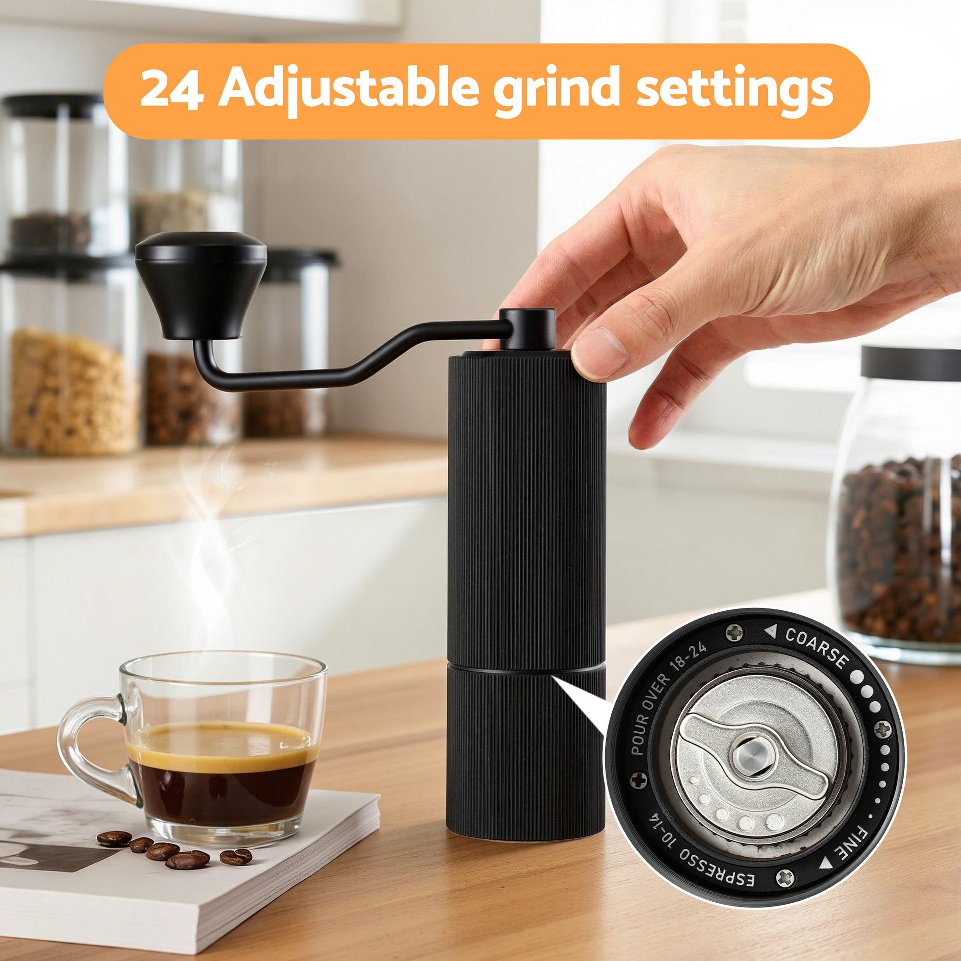Devanti Manual Coffee Grinder with 24 Adjustable Settings | Hand Coffee Bean Burr Mill for Espresso French Press | Portable Stainless Steel Quiet Grinder with Storage Bag for Travel Camping, Black Awezingly