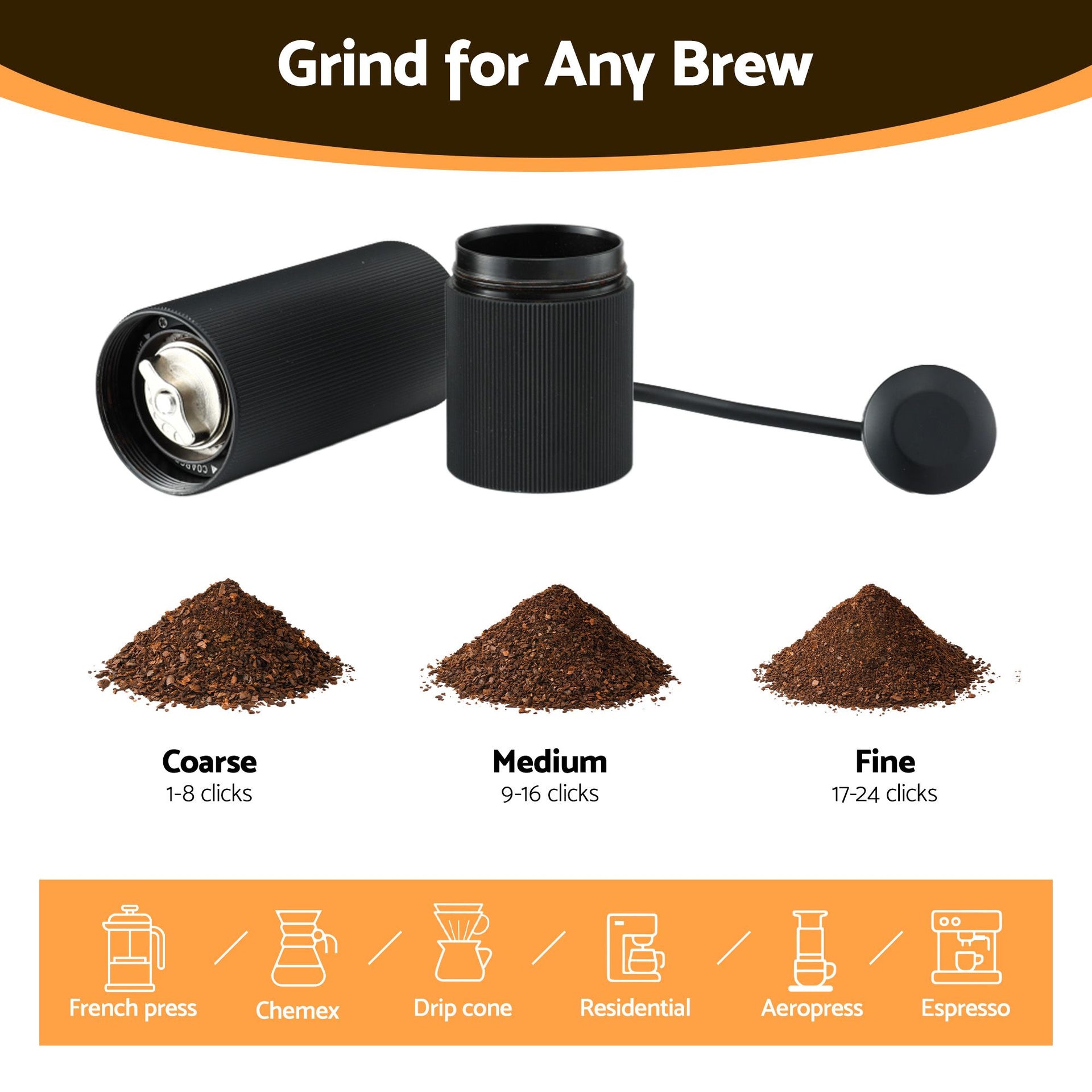 Devanti Manual Coffee Grinder with 24 Adjustable Settings | Hand Coffee Bean Burr Mill for Espresso French Press | Portable Stainless Steel Quiet Grinder with Storage Bag for Travel Camping, Black Awezingly