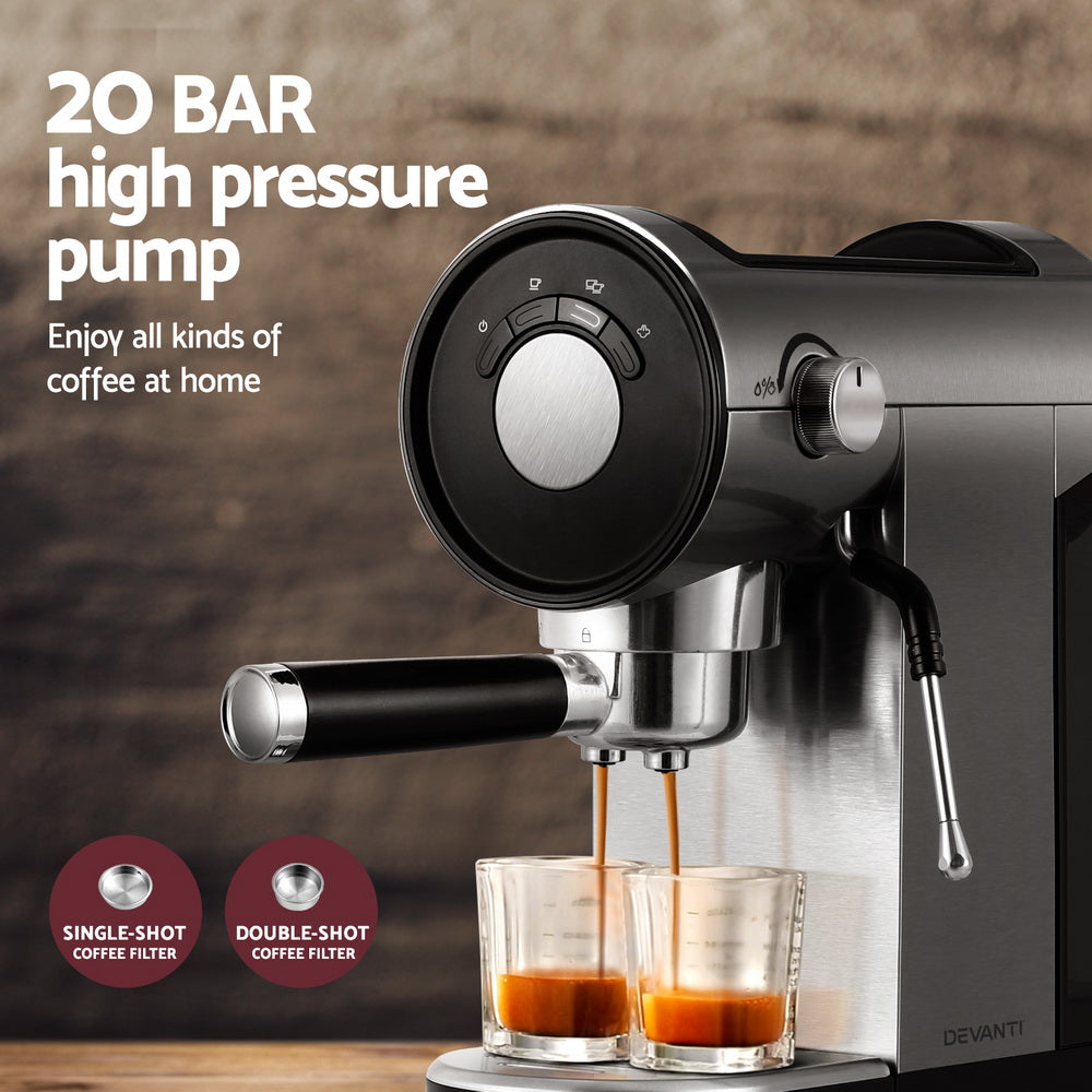Devanti Coffee Machine Espresso Maker 20 Bar Milk Frother Cappuccino Latte Cafe Devanti