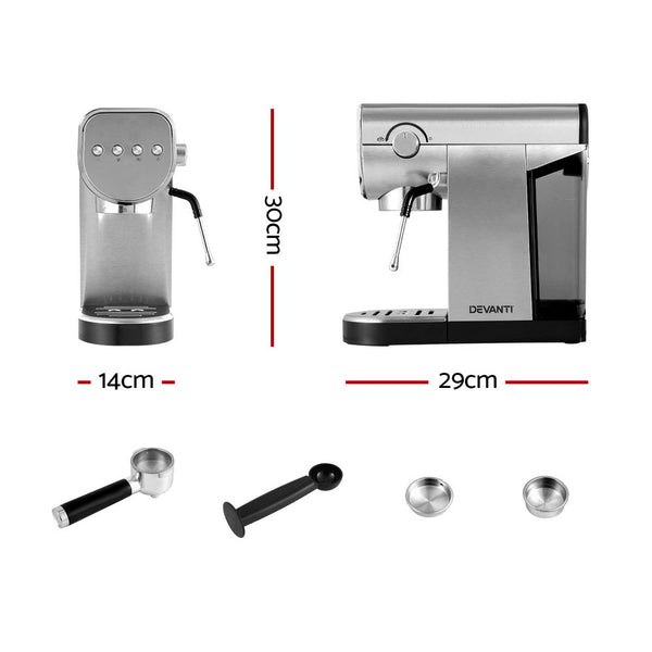 Devanti Coffee Machine Espresso Maker 20 Bar Milk Frother Cappuccino Latte Cafe Devanti
