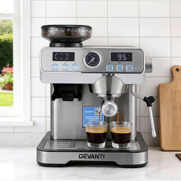 Devanti Coffee Machine Espresso Latte Maker with Grinder Milk Frother Steam Wand Awezingly