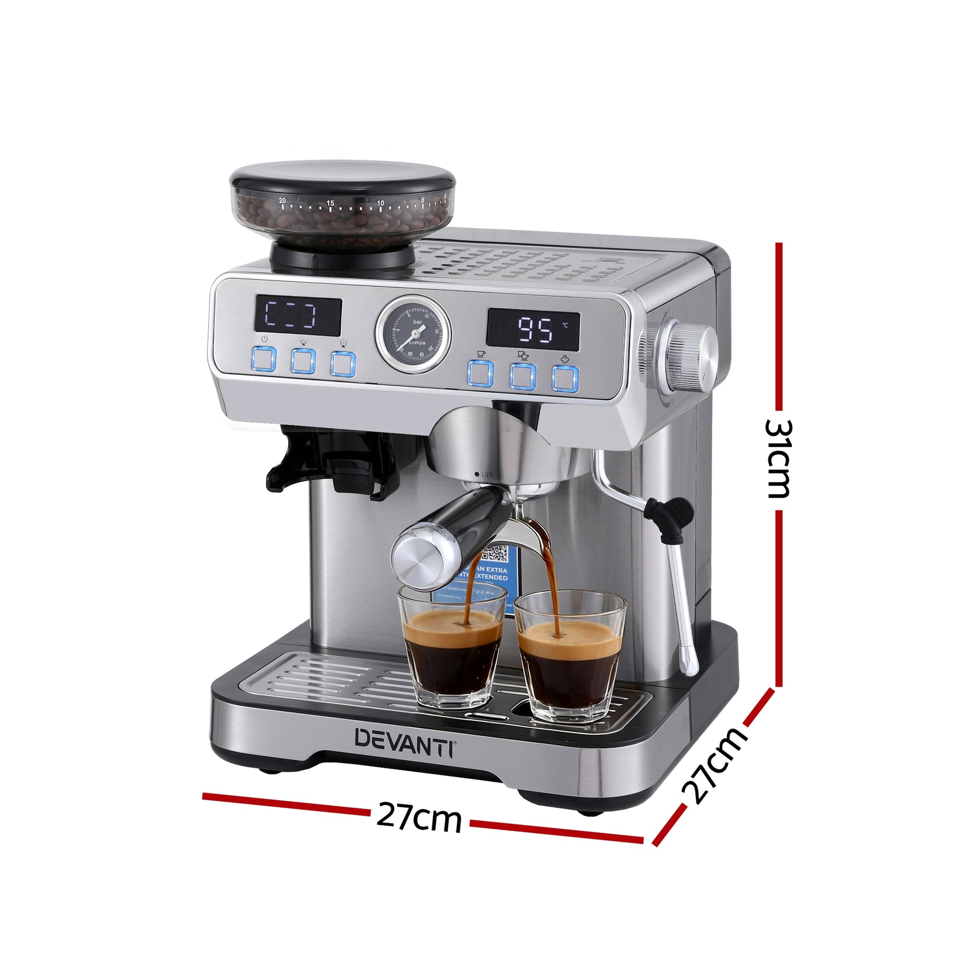 Devanti Coffee Machine Espresso Latte Maker with Grinder Milk Frother Steam Wand Awezingly