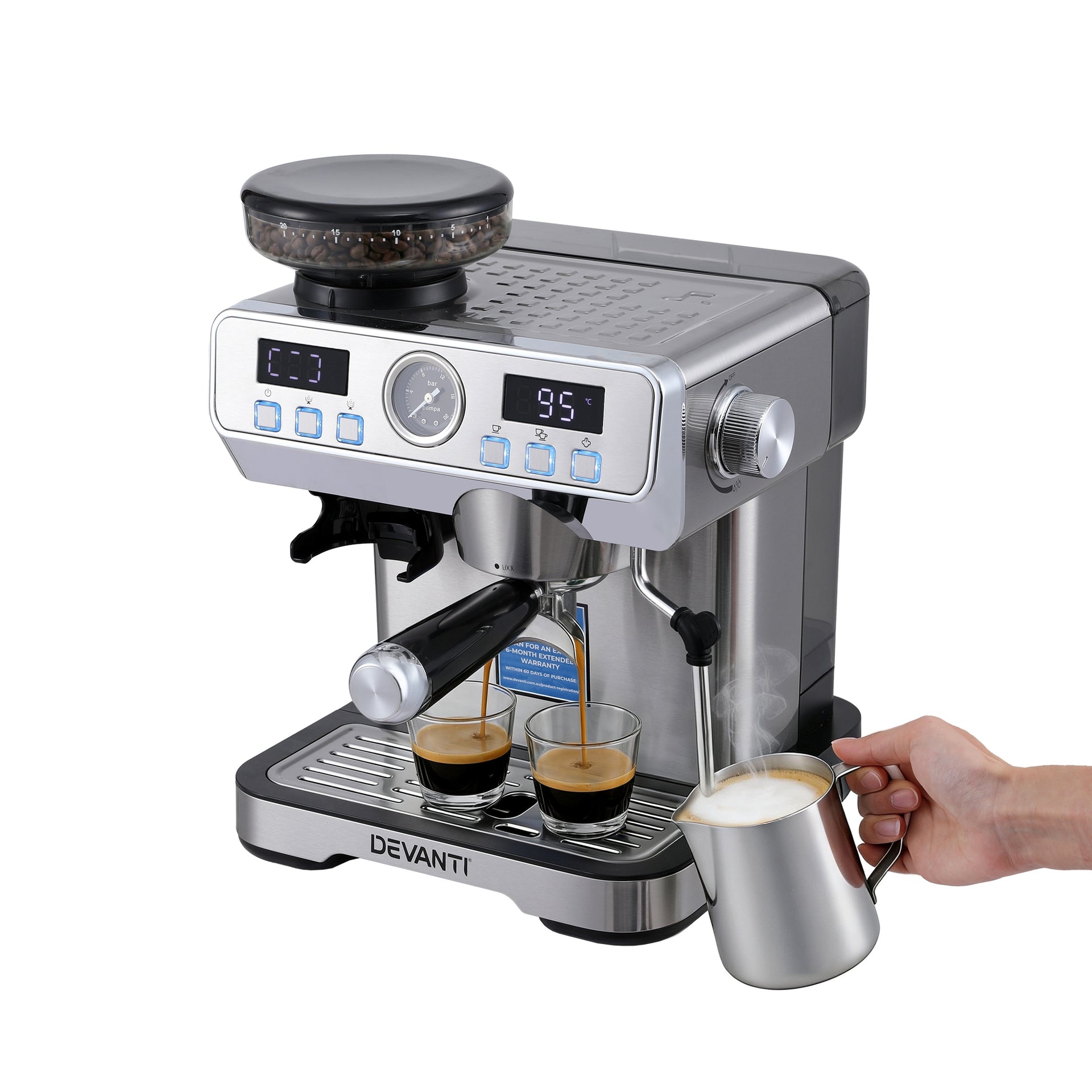 Devanti Coffee Machine Espresso Latte Maker with Grinder Milk Frother Steam Wand Awezingly