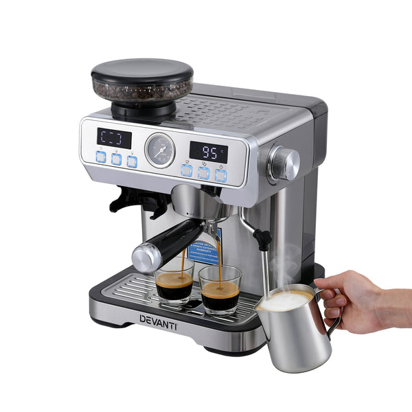Devanti Coffee Machine Espresso Latte Maker with Grinder Milk Frother Steam Wand Awezingly