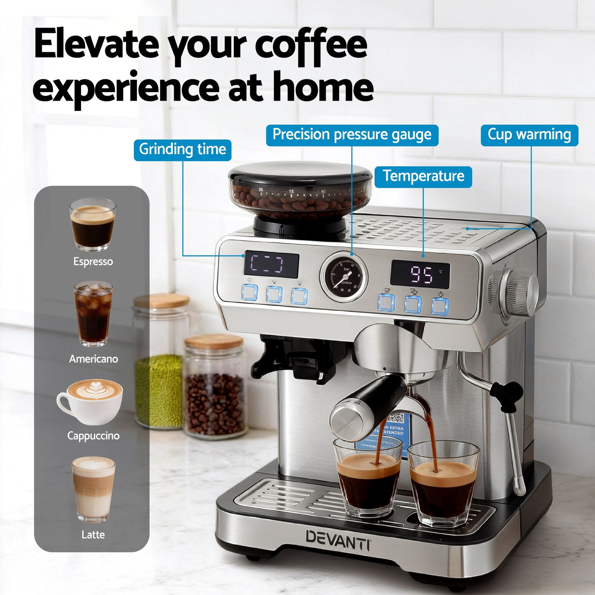 Devanti Coffee Machine Espresso Latte Maker with Grinder Milk Frother Steam Wand Awezingly