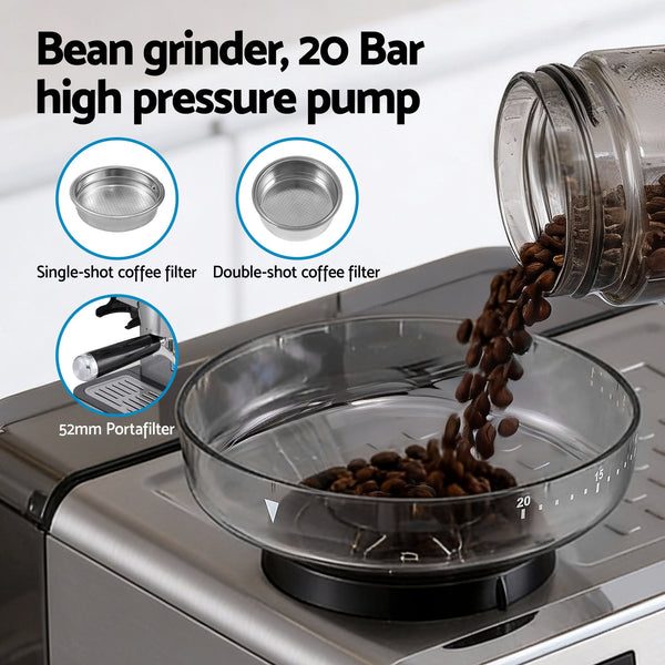 Devanti Coffee Machine Espresso Latte Maker with Grinder Milk Frother Steam Wand Awezingly