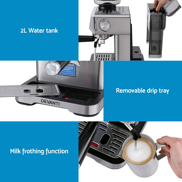 Devanti Coffee Machine Espresso Latte Maker with Grinder Milk Frother Steam Wand Awezingly
