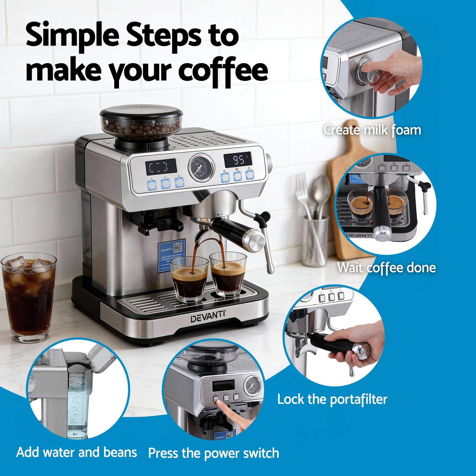 Devanti Coffee Machine Espresso Latte Maker with Grinder Milk Frother Steam Wand Awezingly