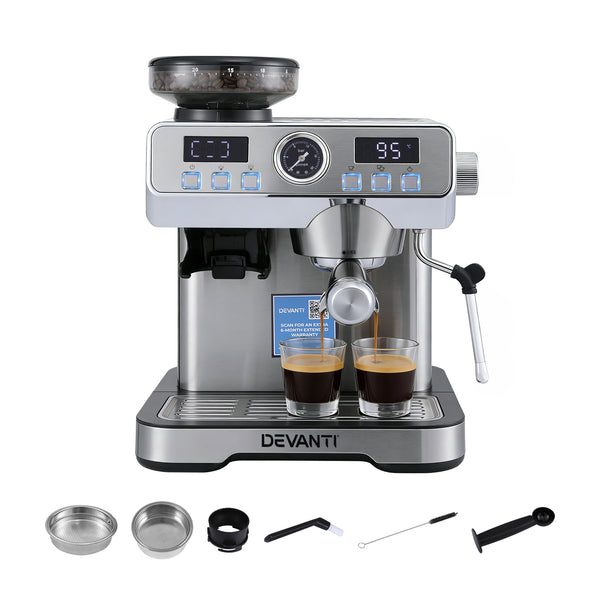 Devanti Coffee Machine Espresso Latte Maker with Grinder Milk Frother Steam Wand Awezingly