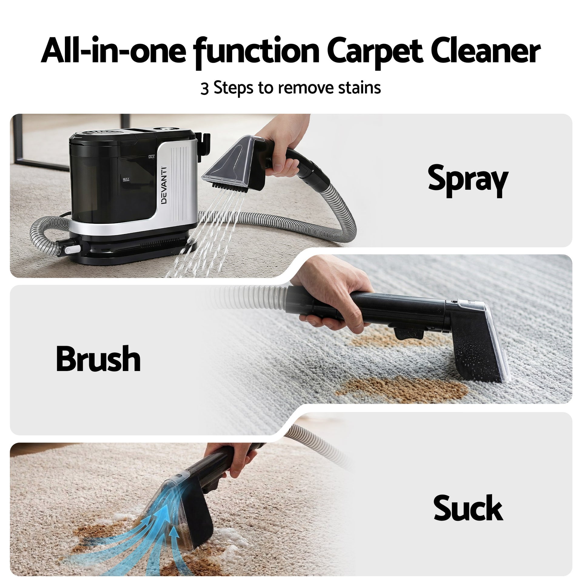 Devanti Carpet Washer Vacuum Cleaner 600W 13kpa Hose Self-Cleaning Function Awezingly
