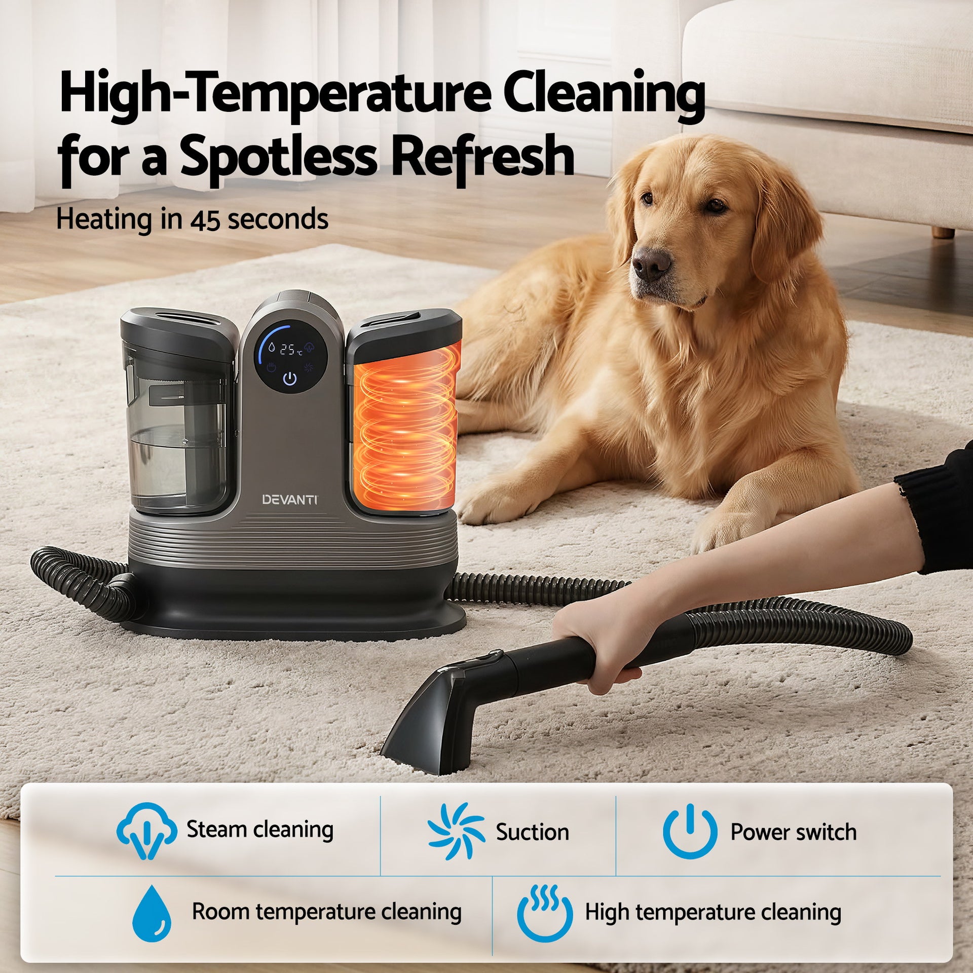 Devanti Carpet Washer Handheld Vacuum Cleaner 1700W 11kpa Rapid Heating Black Awezingly