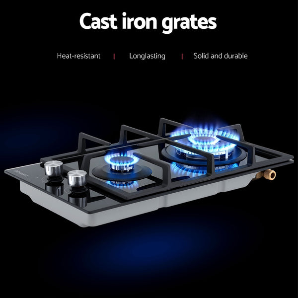 Devanti Gas Cooktop 30cm 2 Burner Built-in Stove Glass Cook Top NG LPG Wok Burner Awezingly