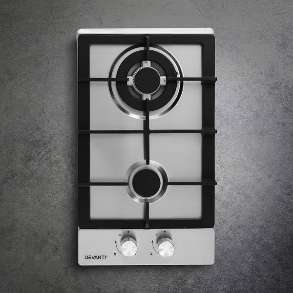 Devanti Gas Cooktop 30cm 2 Burner Silver Awezingly