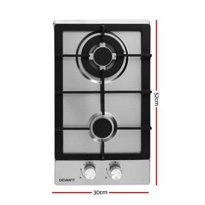 Devanti Gas Cooktop 30cm 2 Burner Silver