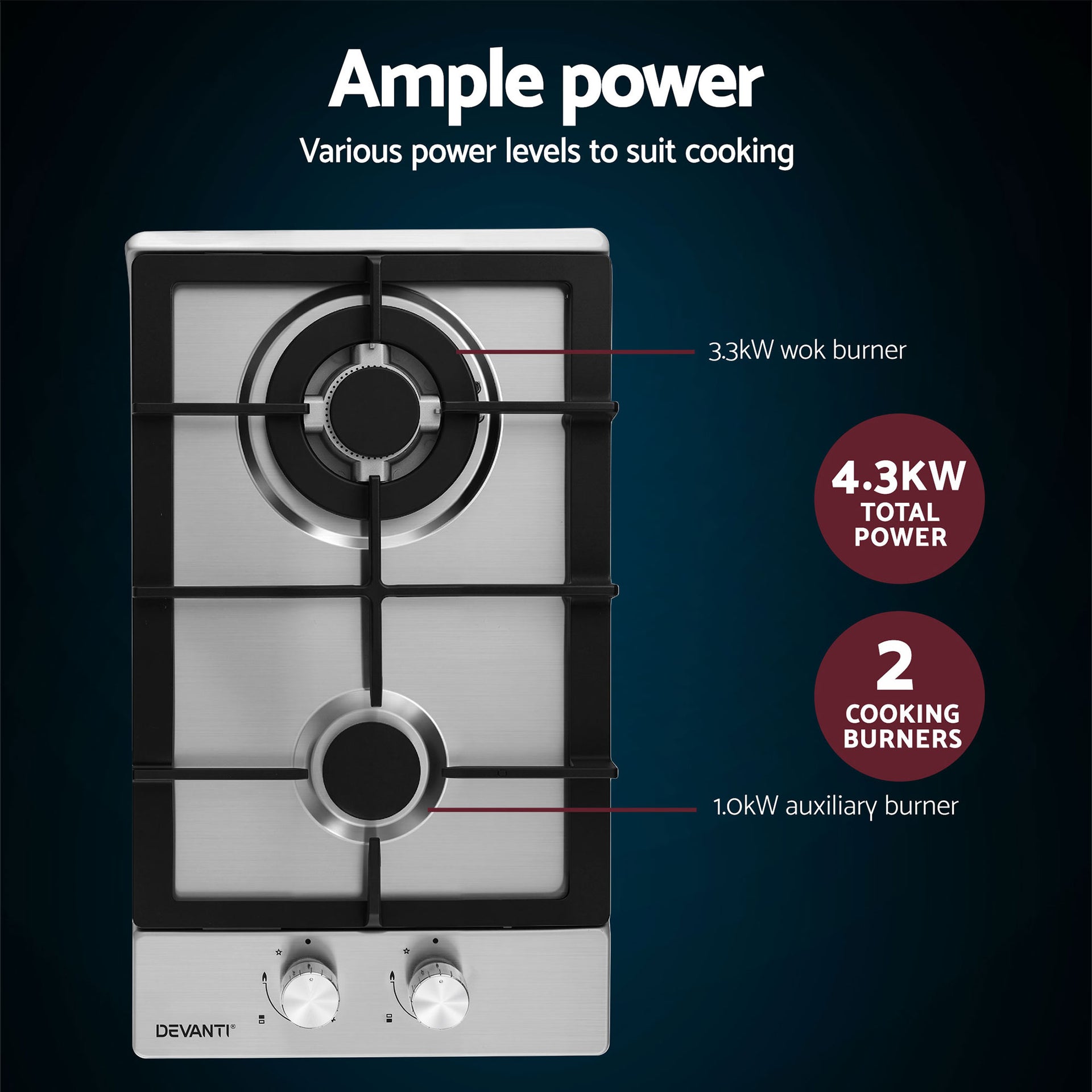 Devanti Gas Cooktop 30cm 2 Burner Silver Awezingly