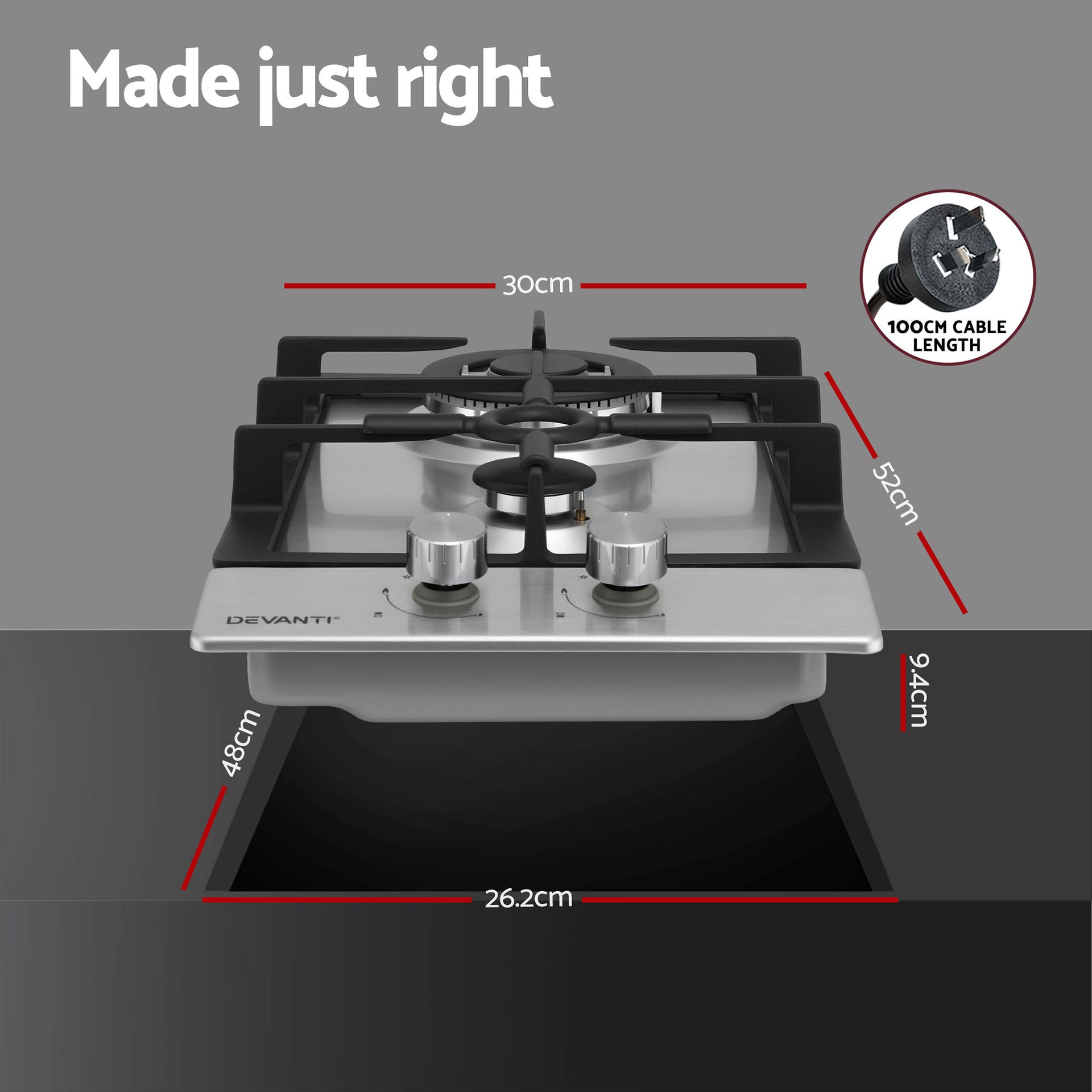 Devanti Gas Cooktop 30cm 2 Burner Silver Awezingly