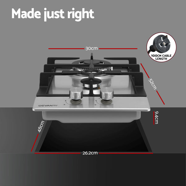 Devanti Gas Cooktop 30cm 2 Burner Silver Awezingly