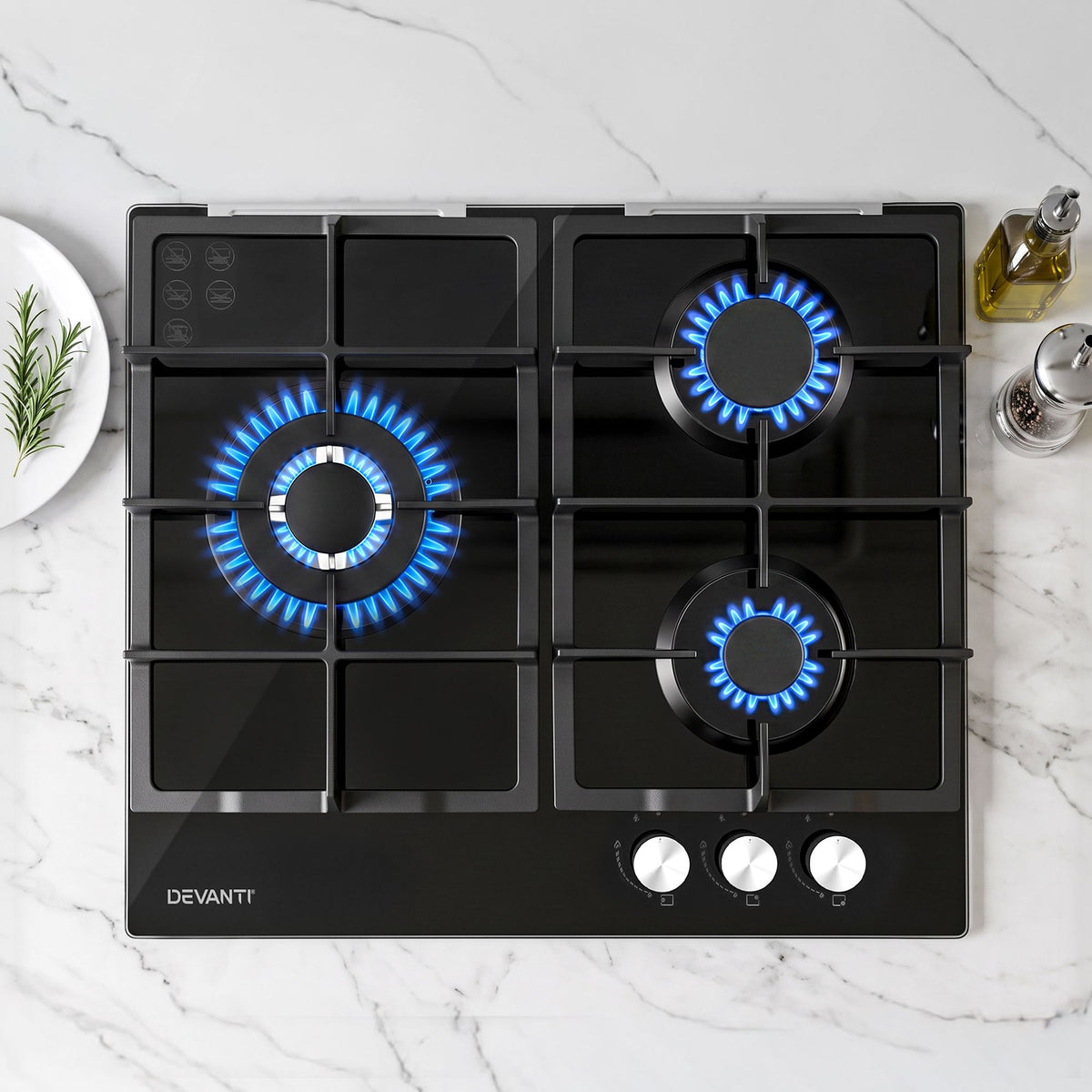 Devanti 59cm Gas Cooktop 3 Burner Knob Control Glass Hob Cast Iron Black Awezingly