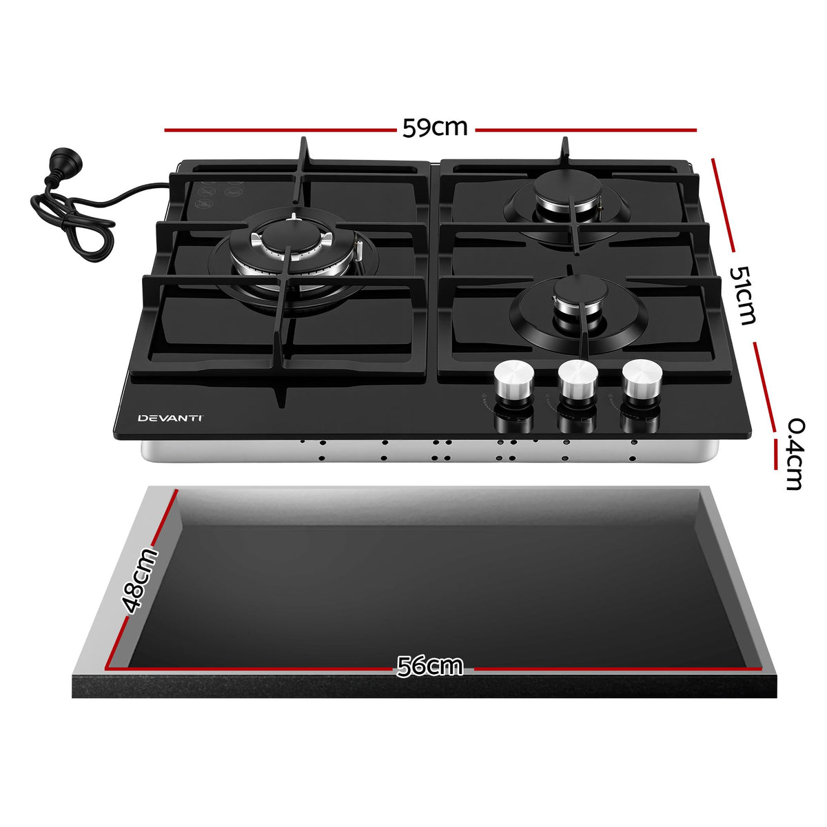 Devanti 59cm Gas Cooktop 3 Burner Knob Control Glass Hob Cast Iron Black Awezingly