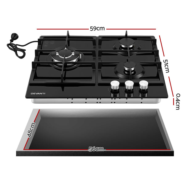 Devanti 59cm Gas Cooktop 3 Burner Knob Control Glass Hob Cast Iron Black Awezingly