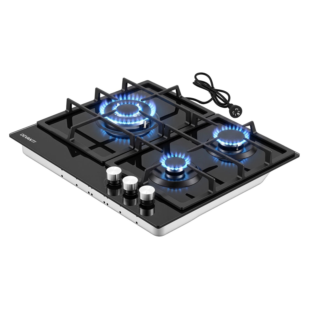 Devanti 59cm Gas Cooktop 3 Burner Knob Control Glass Hob Cast Iron Black Awezingly