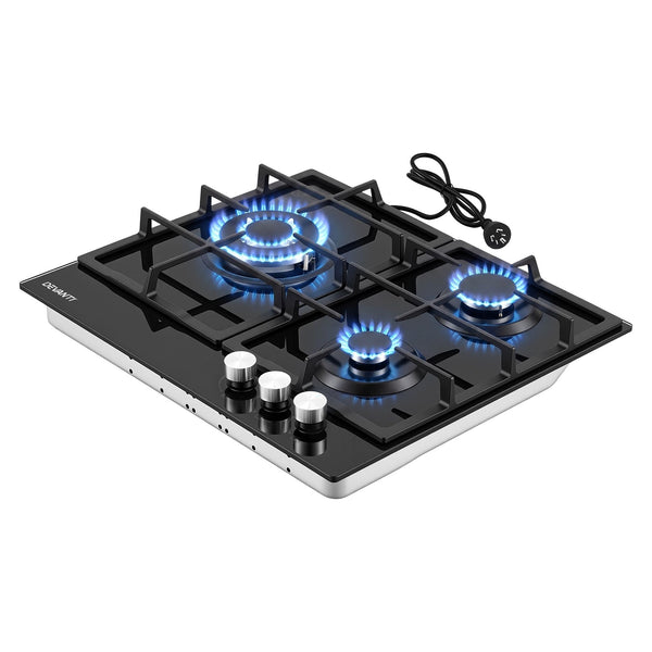Devanti 59cm Gas Cooktop 3 Burner Knob Control Glass Hob Cast Iron Black Awezingly