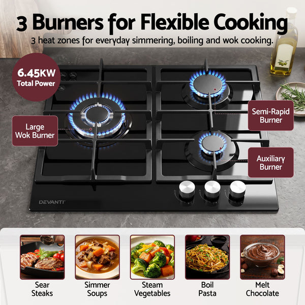 Devanti 59cm Gas Cooktop 3 Burner Knob Control Glass Hob Cast Iron Black Awezingly