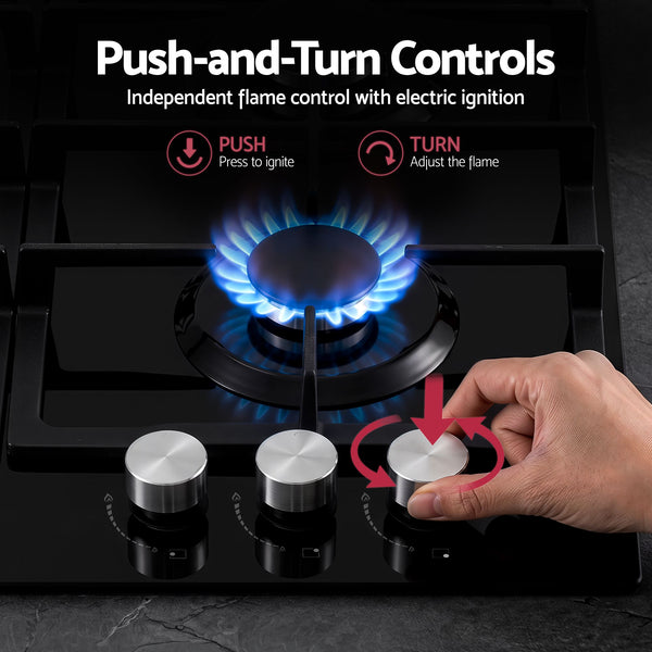 Devanti 59cm Gas Cooktop 3 Burner Knob Control Glass Hob Cast Iron Black Awezingly