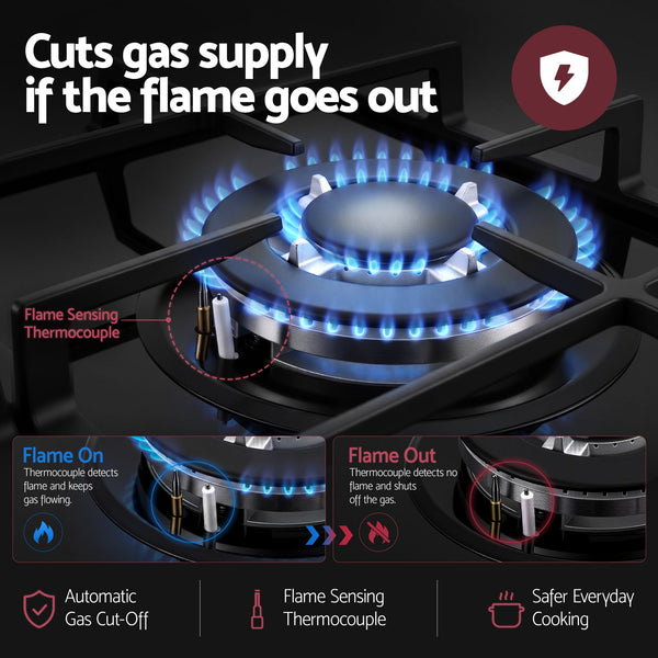 Devanti 59cm Gas Cooktop 3 Burner Knob Control Glass Hob Cast Iron Black Awezingly