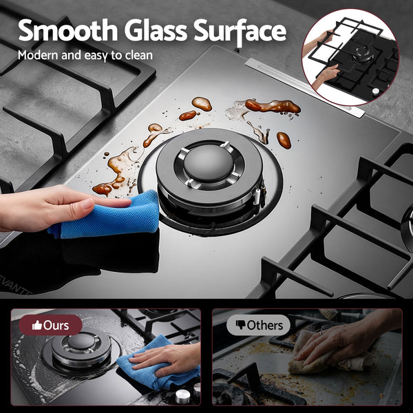 Devanti 59cm Gas Cooktop 3 Burner Knob Control Glass Hob Cast Iron Black Awezingly