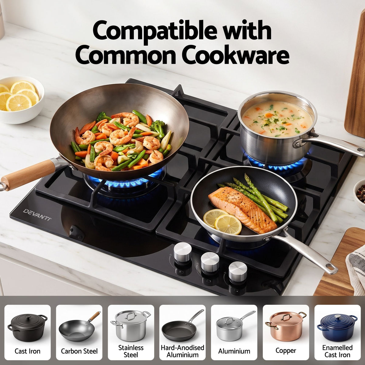 Devanti 59cm Gas Cooktop 3 Burner Knob Control Glass Hob Cast Iron Black Awezingly
