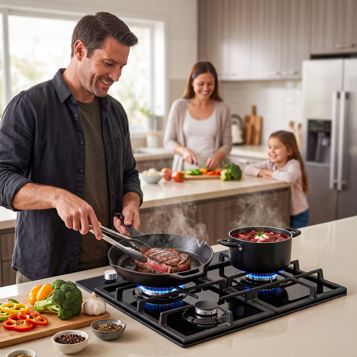Devanti 59cm Gas Cooktop 3 Burner Knob Control Glass Hob Cast Iron Black Awezingly