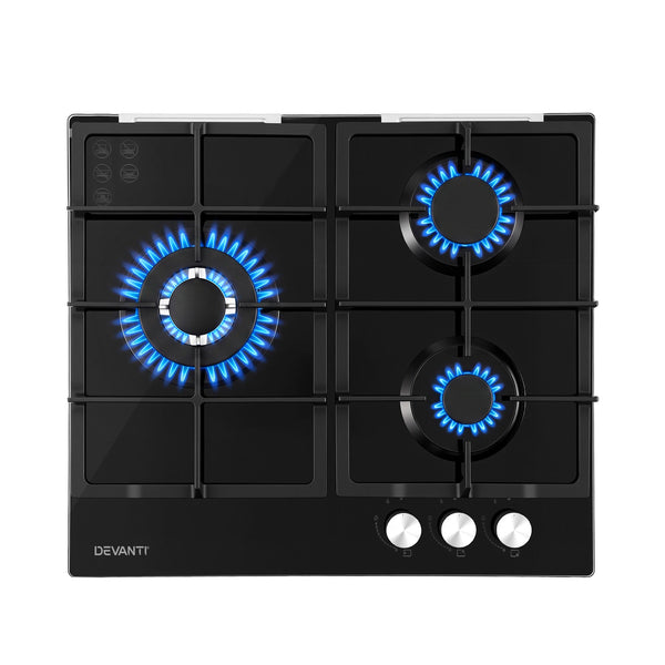 Devanti 59cm Gas Cooktop 3 Burner Knob Control Glass Hob Cast Iron Black Awezingly