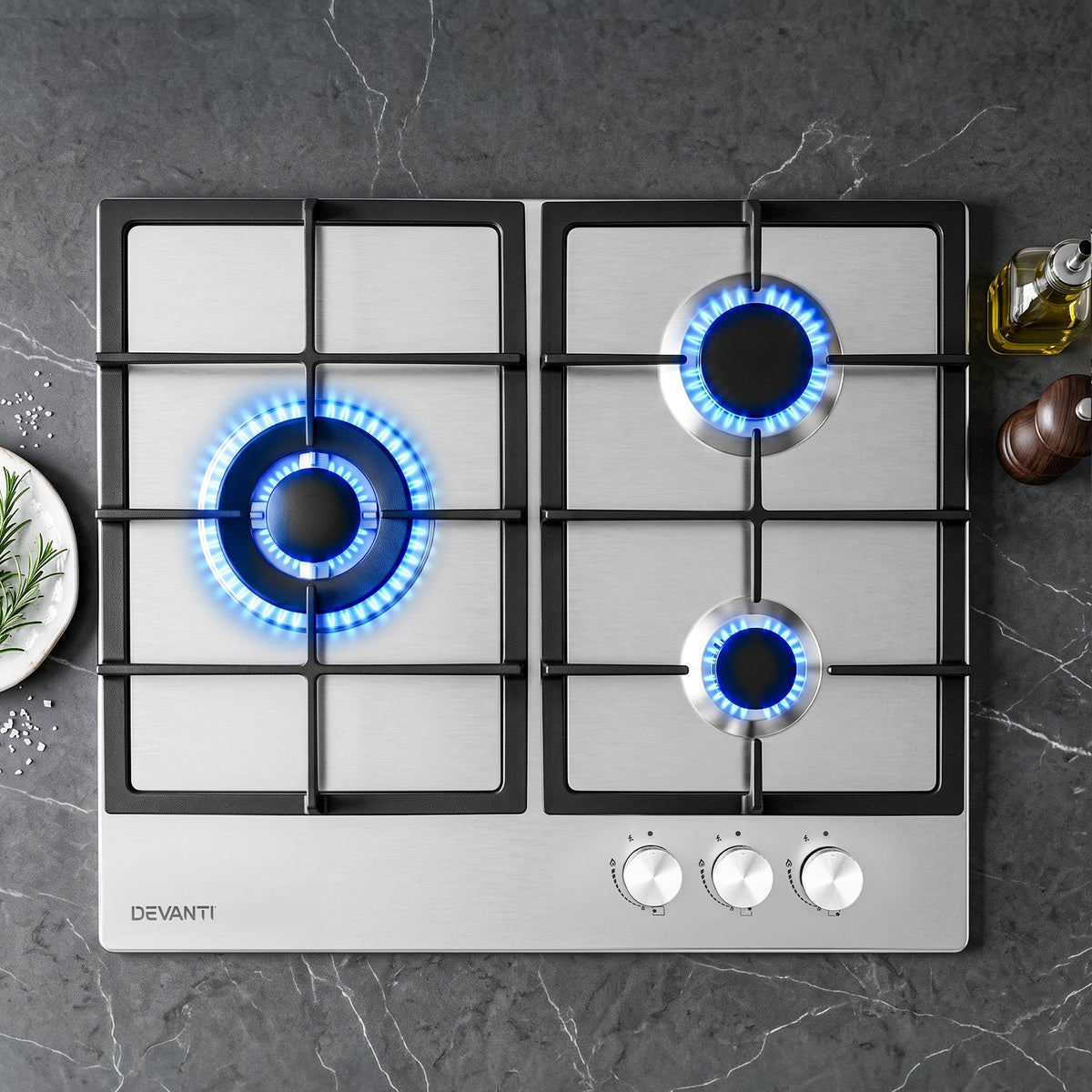 Devanti 59cm Gas Cooktop 3 Burner Knob Control Stainless Steel Hob Silver Awezingly