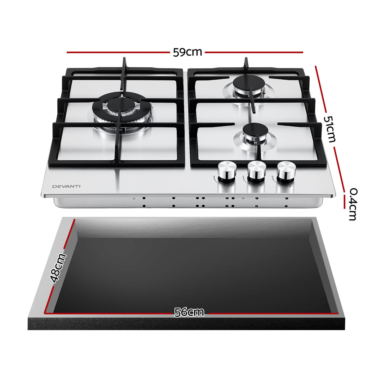 Devanti 59cm Gas Cooktop 3 Burner Knob Control Stainless Steel Hob Silver Awezingly