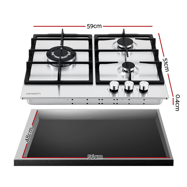 Devanti 59cm Gas Cooktop 3 Burner Knob Control Stainless Steel Hob Silver Awezingly