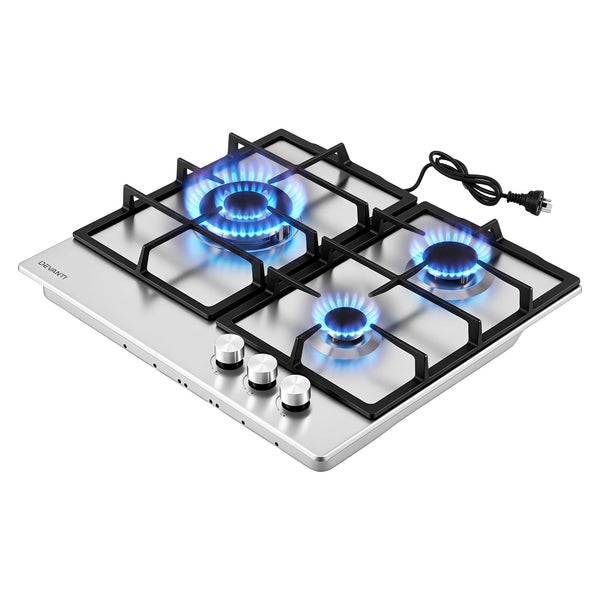 Devanti 59cm Gas Cooktop 3 Burner Knob Control Stainless Steel Hob Silver Awezingly