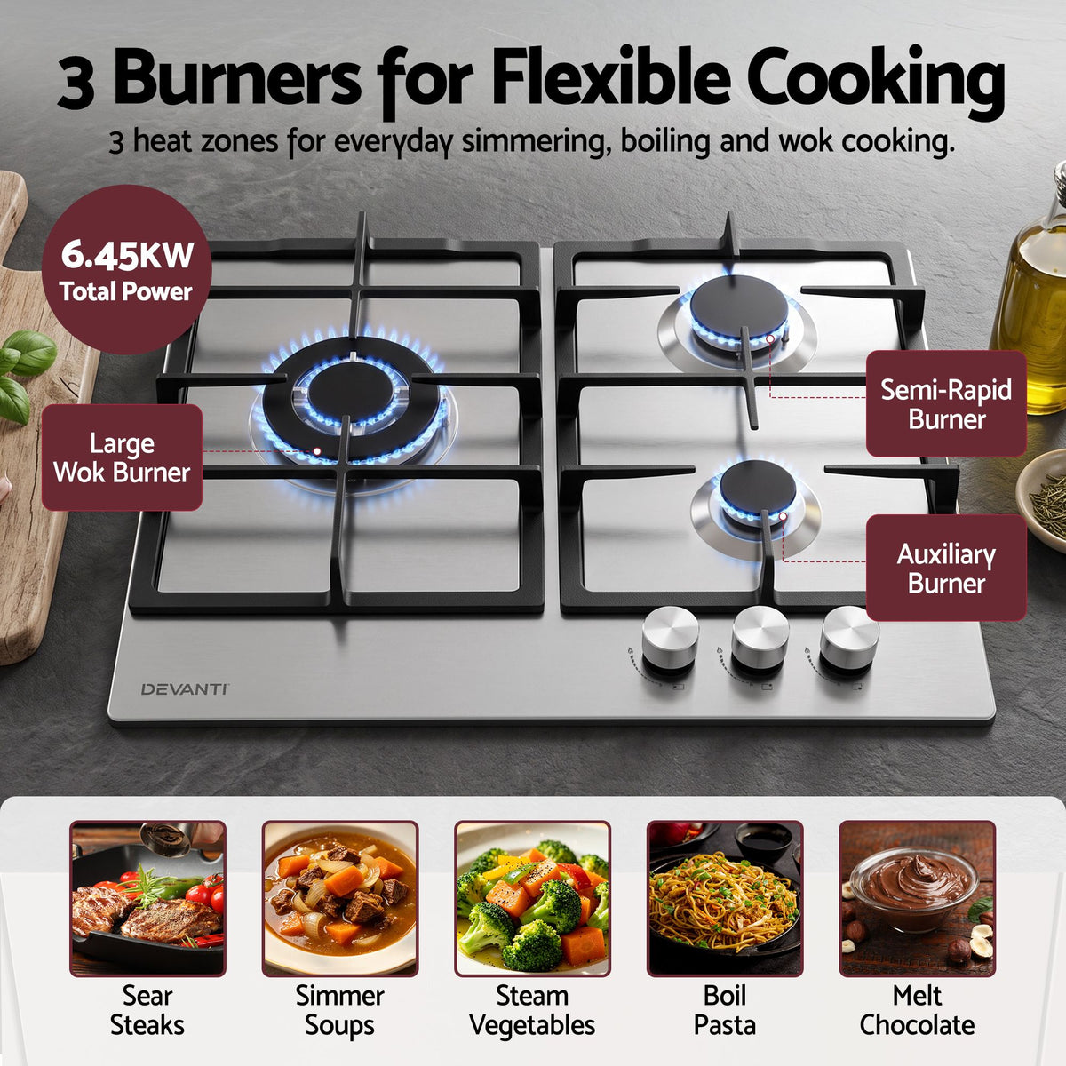 Devanti 59cm Gas Cooktop 3 Burner Knob Control Stainless Steel Hob Silver Awezingly
