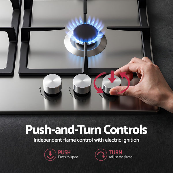 Devanti 59cm Gas Cooktop 3 Burner Knob Control Stainless Steel Hob Silver Awezingly