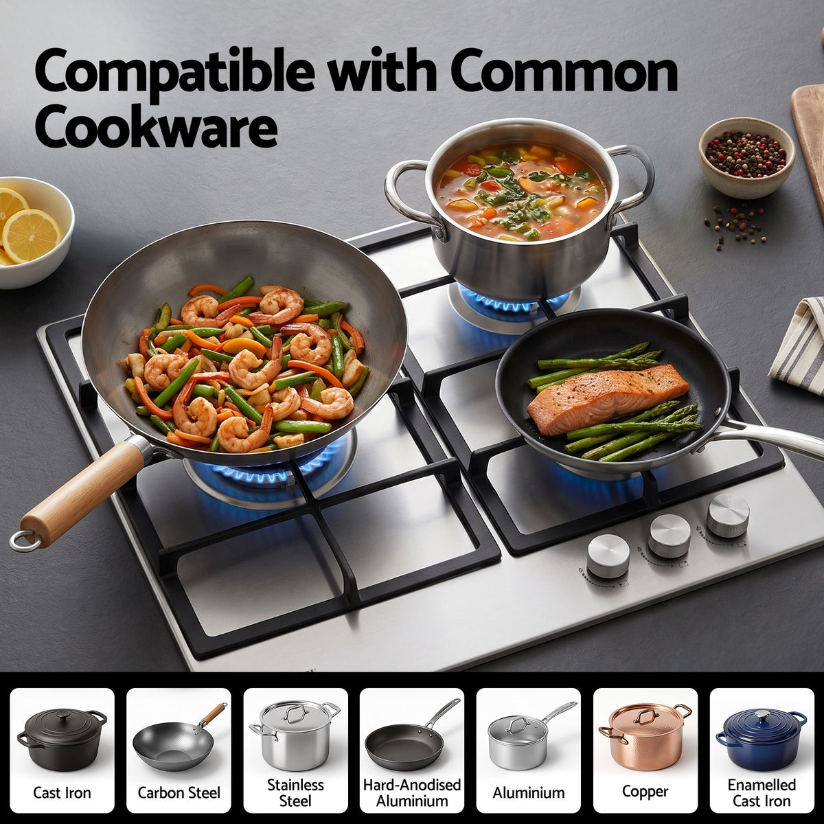 Devanti 59cm Gas Cooktop 3 Burner Knob Control Stainless Steel Hob Silver Awezingly