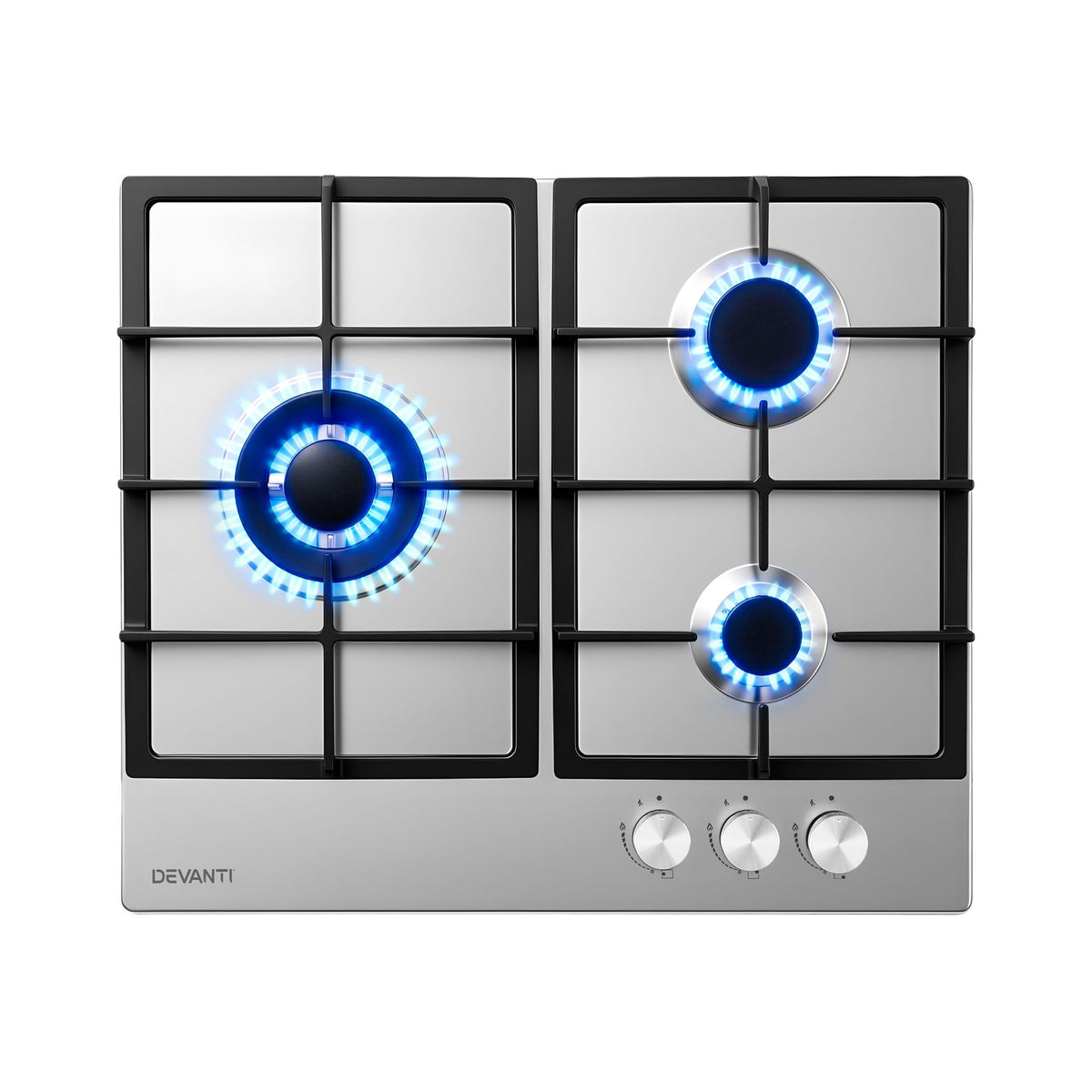 Devanti 59cm Gas Cooktop 3 Burner Knob Control Stainless Steel Hob Silver Awezingly