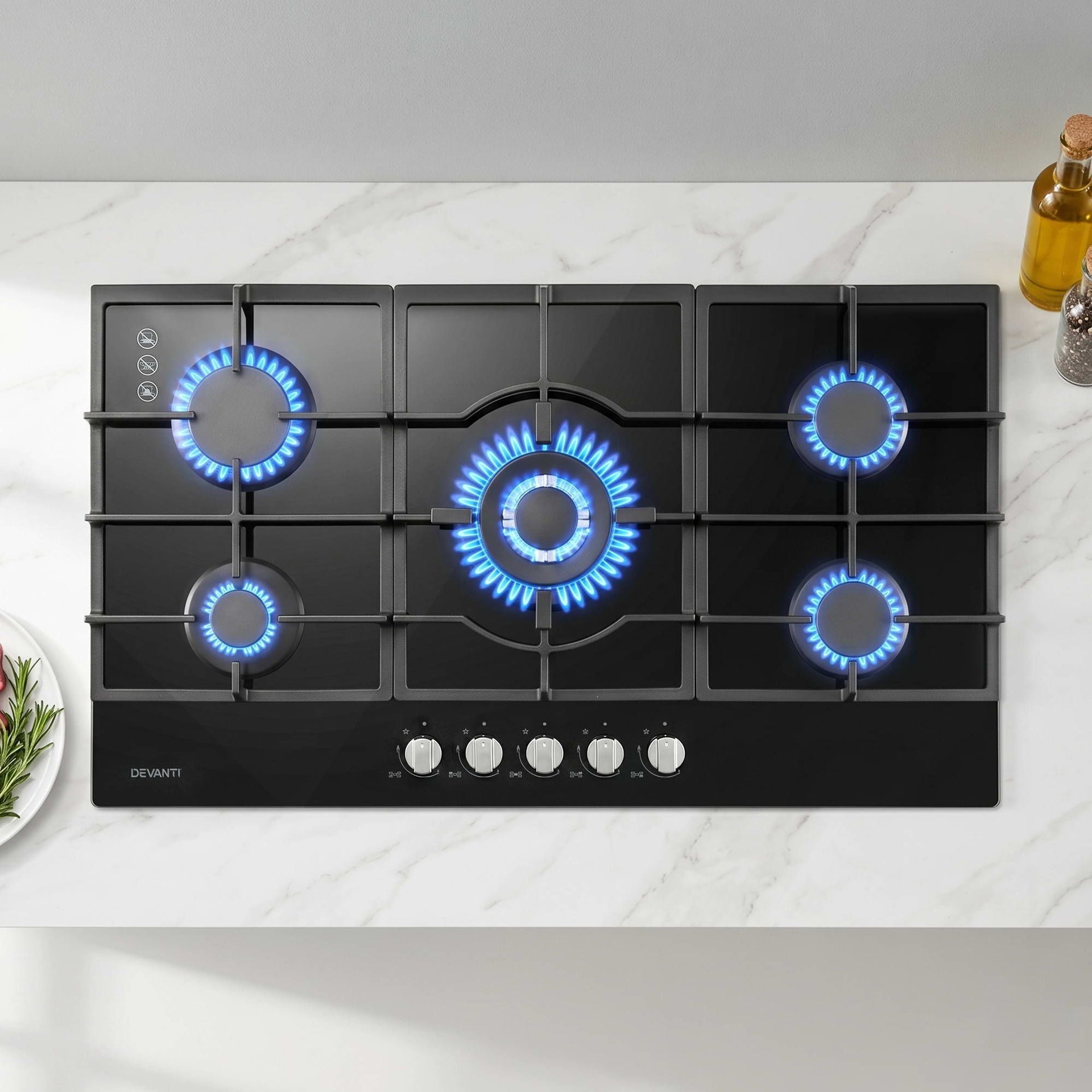 Devanti 90cm Gas Cooktop 5 Burner LPG NG Tempered Glass Hob Black Awezingly