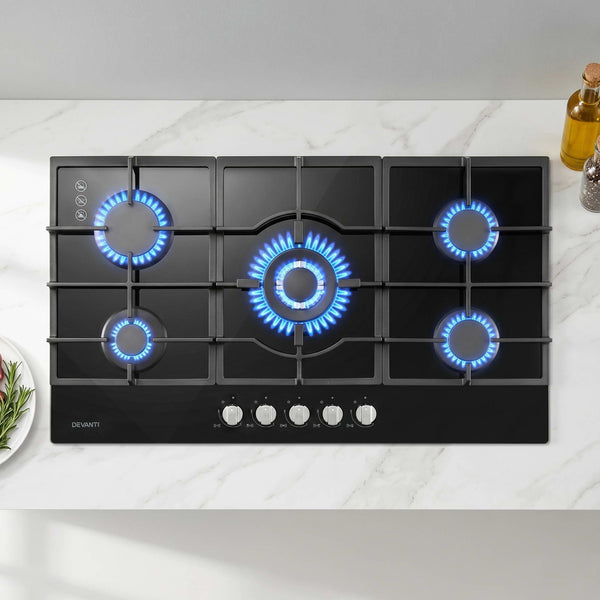 Devanti 90cm Gas Cooktop 5 Burner LPG NG Tempered Glass Hob Black Awezingly