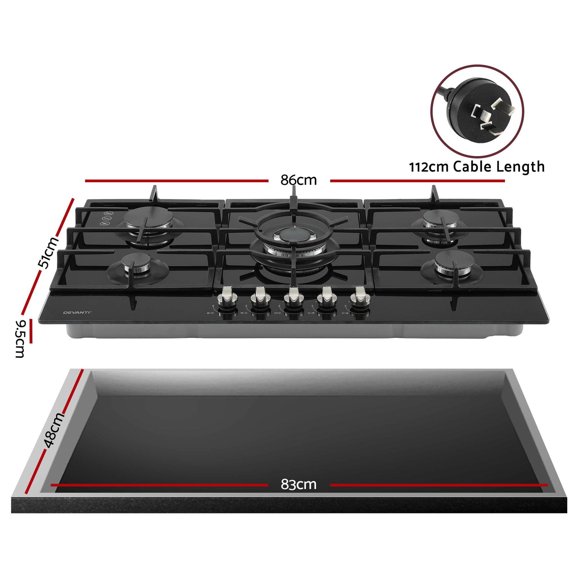 Devanti 90cm Gas Cooktop 5 Burner LPG NG Tempered Glass Hob Black Awezingly