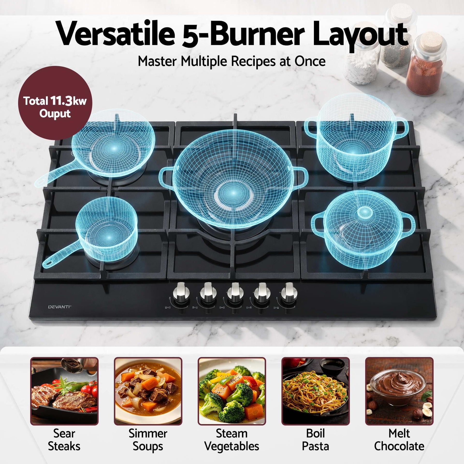Devanti 90cm Gas Cooktop 5 Burner LPG NG Tempered Glass Hob Black Awezingly