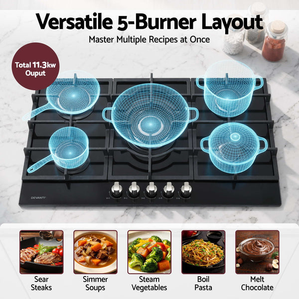 Devanti 90cm Gas Cooktop 5 Burner LPG NG Tempered Glass Hob Black Awezingly
