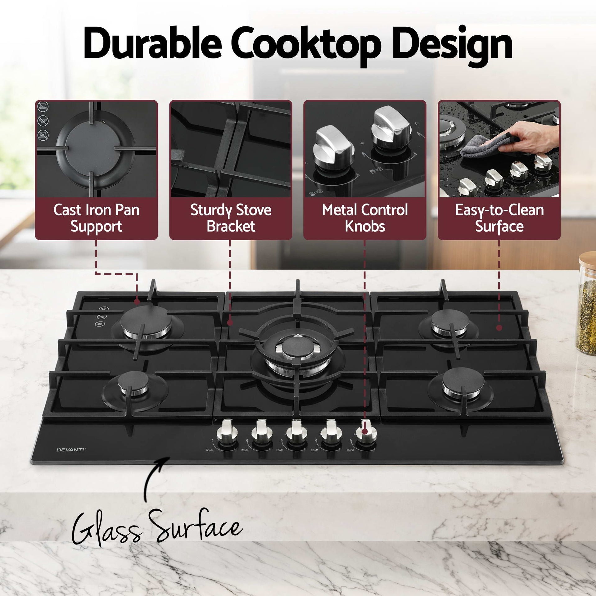 Devanti 90cm Gas Cooktop 5 Burner LPG NG Tempered Glass Hob Black Awezingly